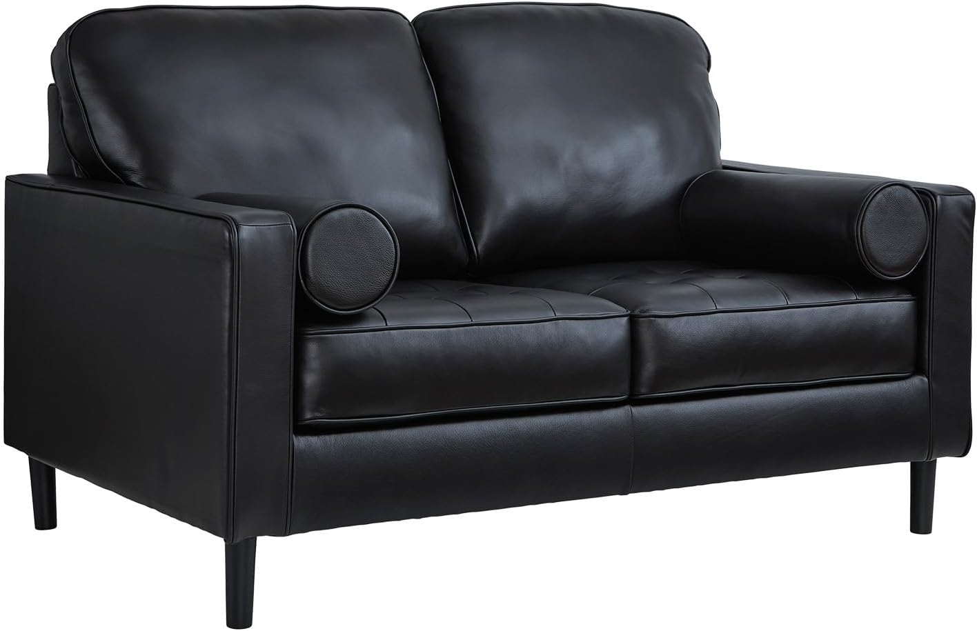 Signature Design by Ashley Bryceview Mid-Century Leather Match Tufted Loveseat with 2 Bolster Pillows, Black