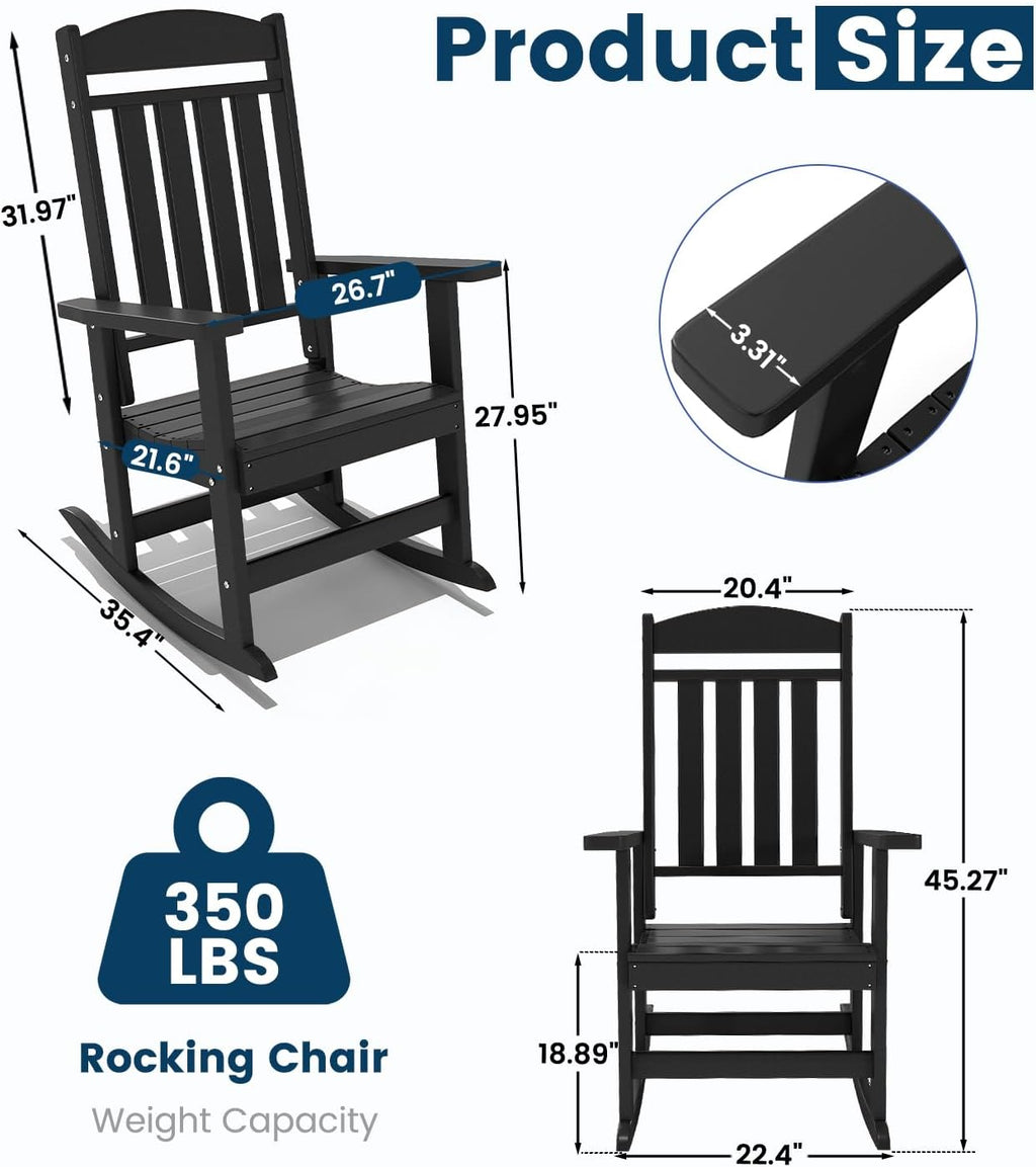 FOOWIN Outdoor Rocking Chair Set of 2, High Back Patio Rocking Chair, HDPE All Weather Resistant Porch Rocker for Adult, Oversized Rocking Chairs for Garden, Lawn, Indoor & Outdoor Use, Black