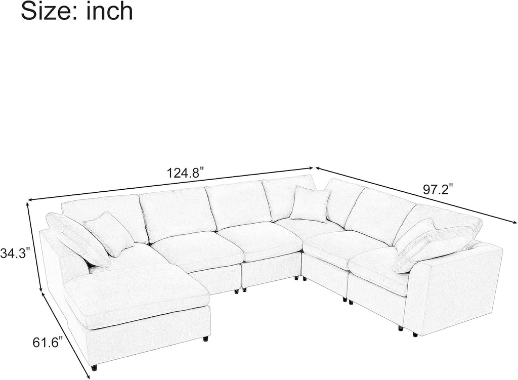 124.8' W Large Modular Sectional Sofa L Shaped Modern Couch with Ottoman, Deep Seat and Wide Chaise for Living Room, Beige