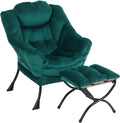 Furlide Lazy Chair with Ottoman, Modern Accent Chairs with Folding Footrest, Velvet Dark Green Sofa Chair Set, Reading Chairs, Oversized Armchairs for Bedroom, Study, Living Room, Courtyard