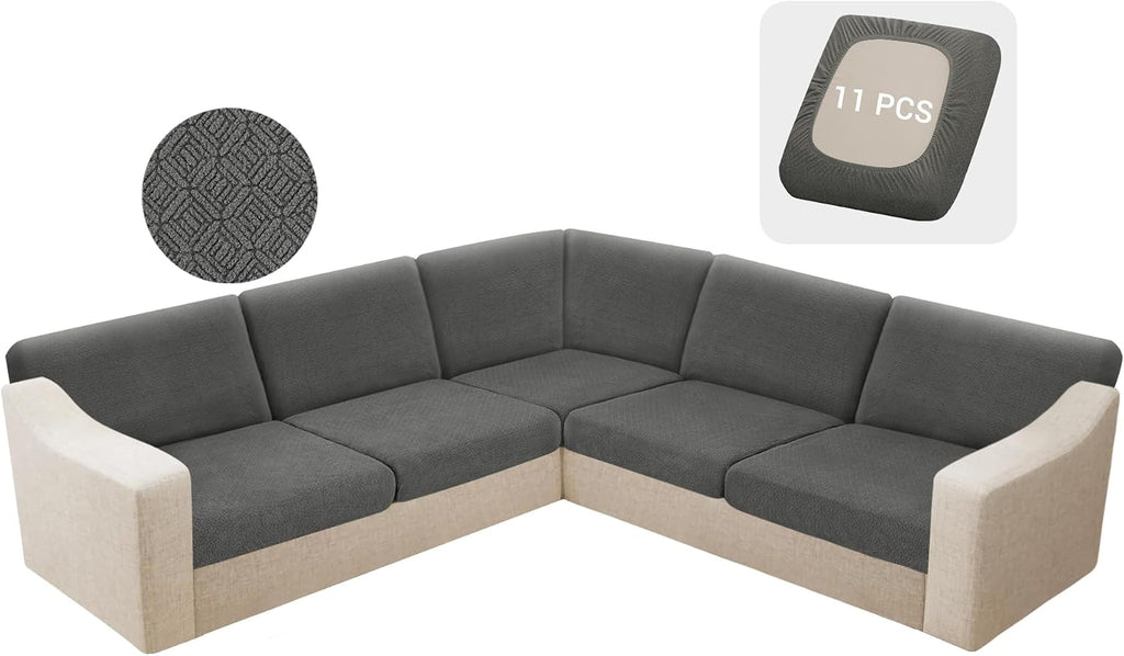 HDCAXKJ Waterproof Sectional Couch Cushion Covers 11 Pieces Extra Large Stretch L Shaped Corner Sofa Slipcover Back Cover Soft Sofa Seat Cushion Covers for Dogs (XL-5 Seater and 6 Backrest, Dark Gray)