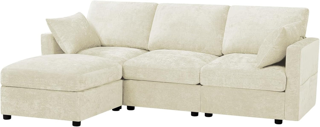 84' Chenille 3 Seats Sofa W/Movable Ottoman, Modern Fabric L-Shaped Couch with Soft Backrest, Upholstered Sectional Sofa with Armrest Pillows for Living Room, Office, Beige
