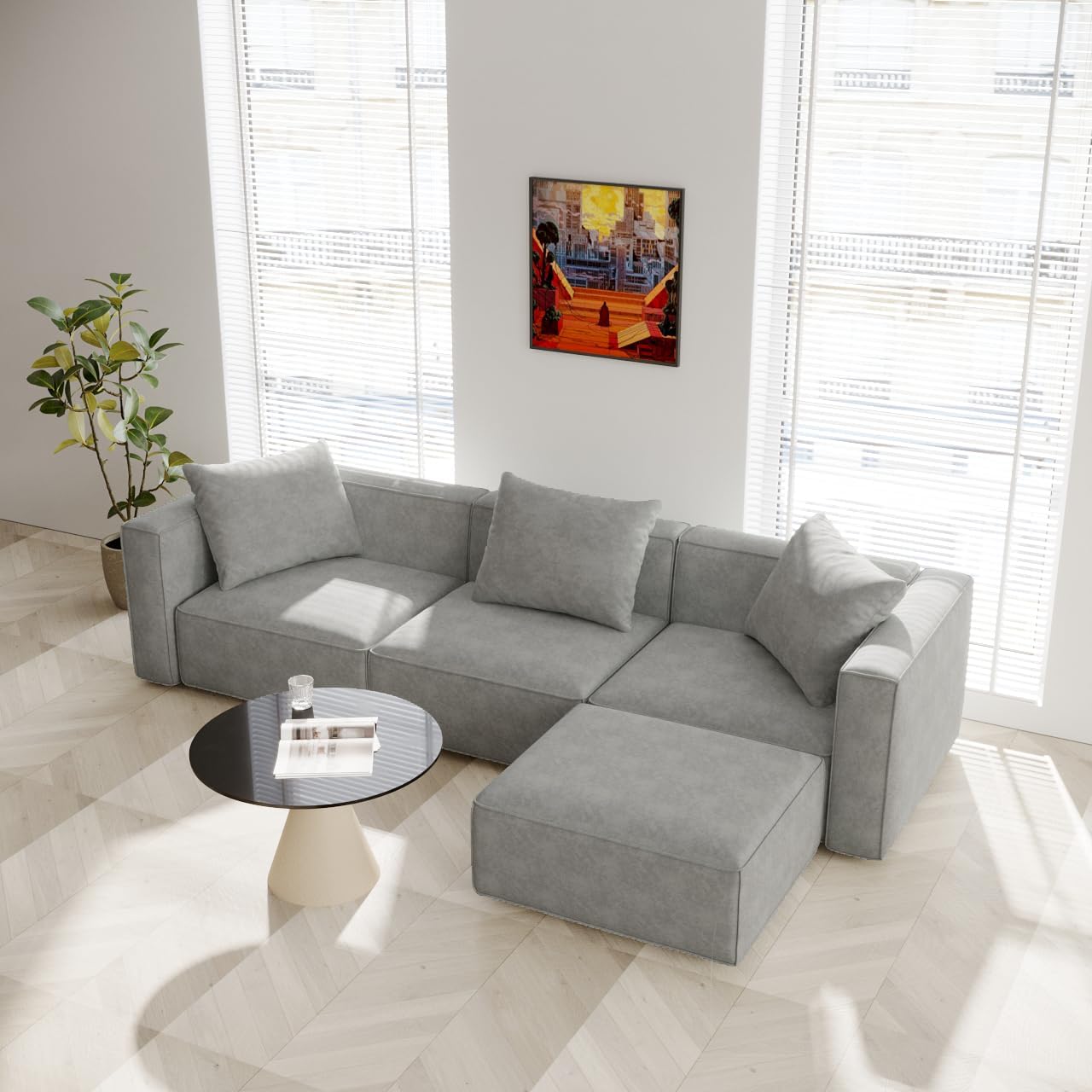 Acanva Luxury Modular Sectional Living Room Sofa Set, Modern Minimalist Style Couch with Ottoman and Chaise, L-Shape, Grey