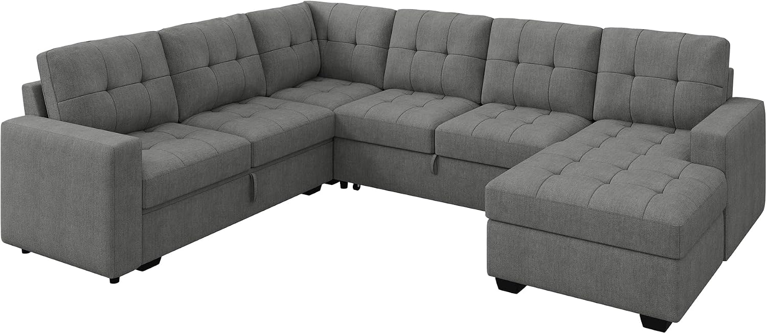 HONBAY Sleeper Sofa Bed with Storage Chaise, Sectional Couch with Pull Out Bed, U Shaped Sectional Sleeper Sofa Couch, Grey