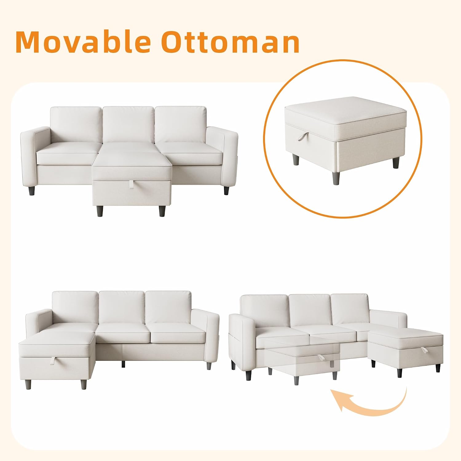 78' Sectional Sofa Couches for Living Room, Convertible L Shaped Couch with Storage Ottoman, Deep Seat Pet-Friendly Linen Fabric Sofa Set for Small Space, Apartment, Dorm