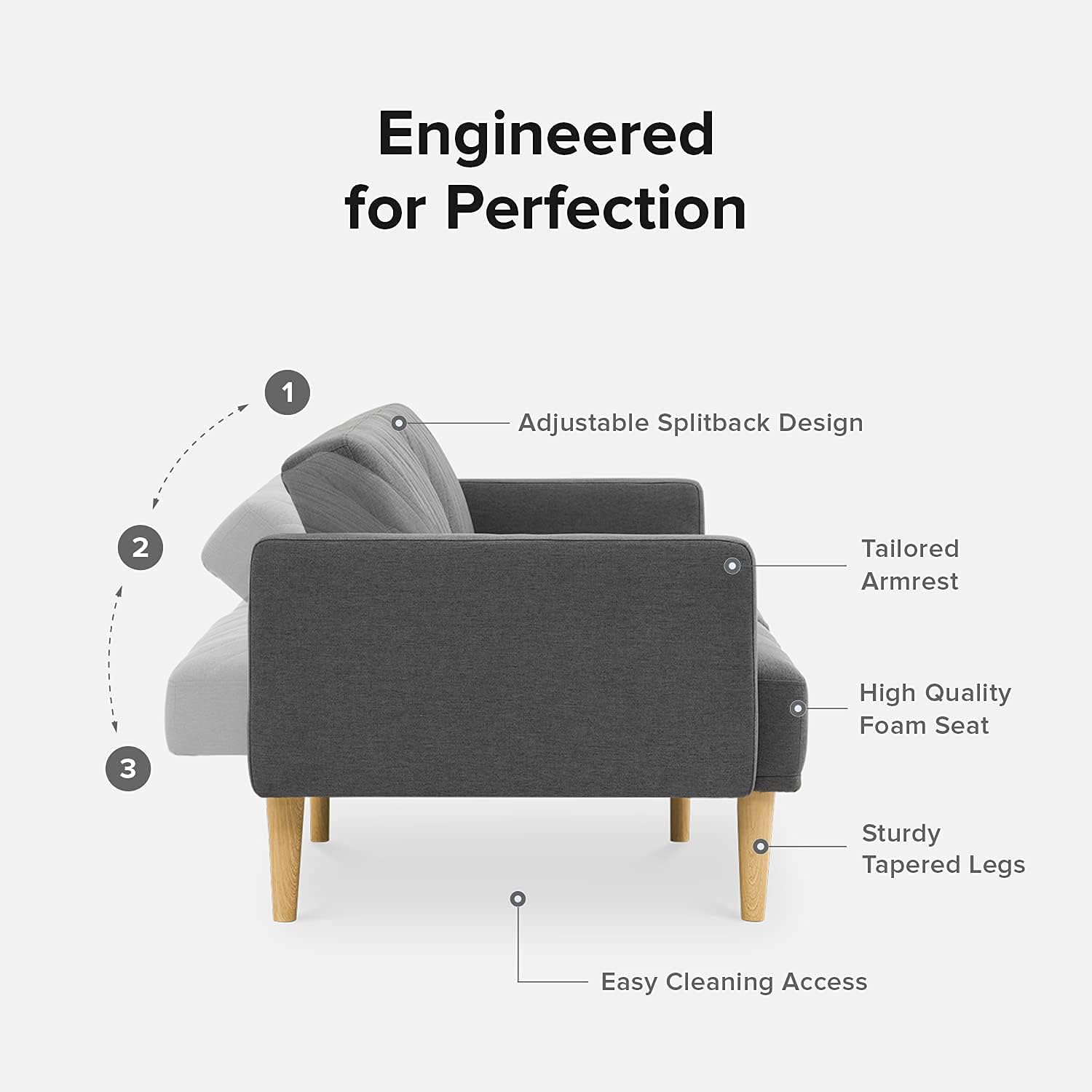 mopio 76.4' Futon Sofa Bed, Couch, Loveseat, Sleeper Sofa, Mid Century Modern Futon Couch, Sofa Cama, Couches for Living Room (Dark Gray Fabric)