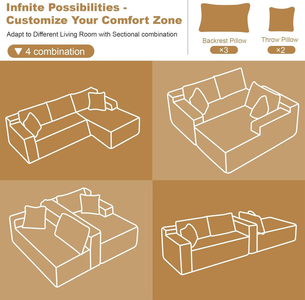 AUGOP 96' Sectional Couches for Living Room Modern Modular Sofa with L-Shape Couchs Upholstered Boneless Couch Deep Seat Sectional Couch with Chaise (Camel, 96' Right Facing Chaise+2Seaters)