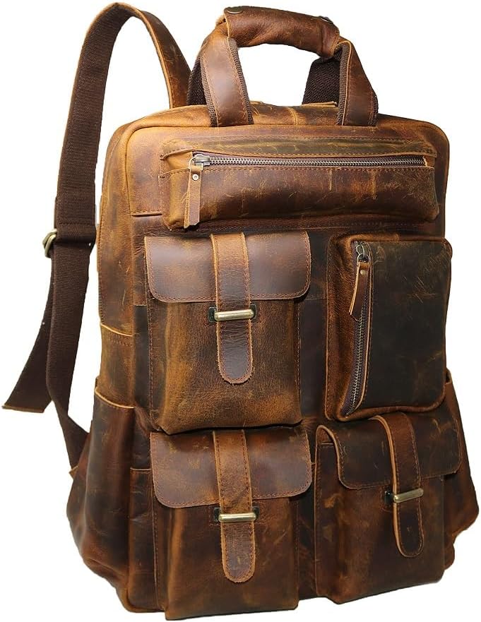 Jaald Leather Laptop Backpack Rucksack Multipocket Full Grain Leather Gaming Laptop Bag School Daypack For Men Anti-Theft Pocket Brown