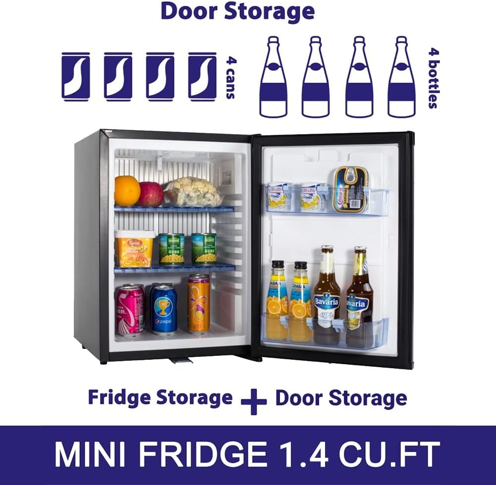 12V/110V Mini Fridge with Lock, AC/DC Compact Refrigerator, Reversible Door, Quiet Absorption Refrigerator for RV Camper, Caravan, Boat,1.4 Cu.Ft, Light, Black