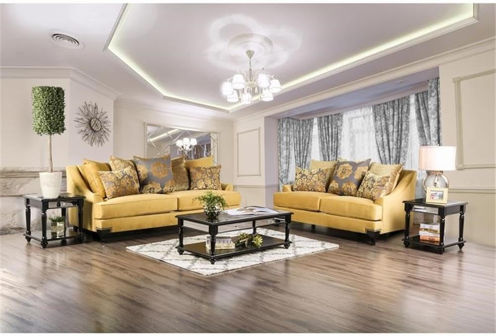 BOWERY HILL Traditional Velvet Upholstered Sofa, Gold Finish, Premium Velvet Fabric, Solid Wood Frame, 91' W x 40' D x 38' H, Includes Accent Pillows, Nailhead Trim, Comfortable Living Room Seating