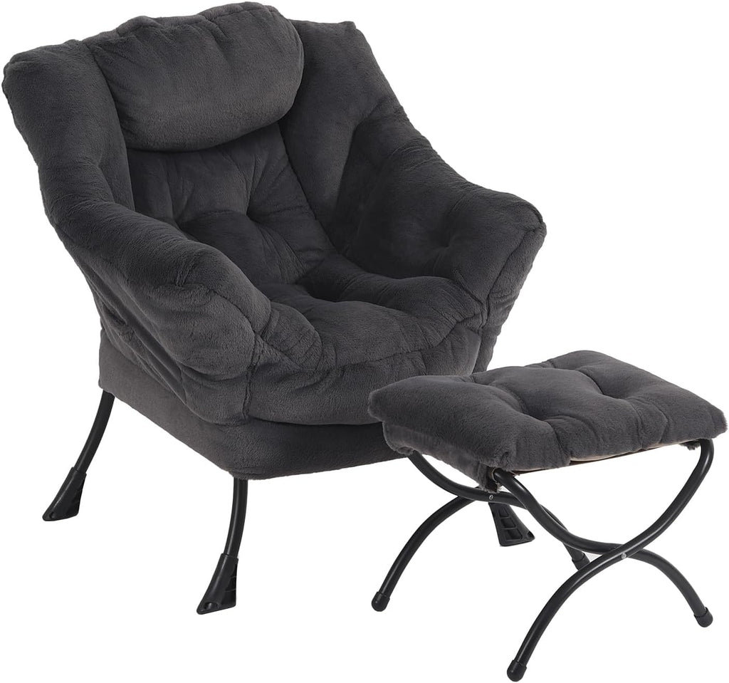 Furlide Lazy Chair with Ottoman, Modern Accent Chair with Armrests and a Side Pocket, Plush Navy Accent Chairs, Reading Chairs, Oversized Armchairs for Bedroom, Study, Living Room, Courtyard