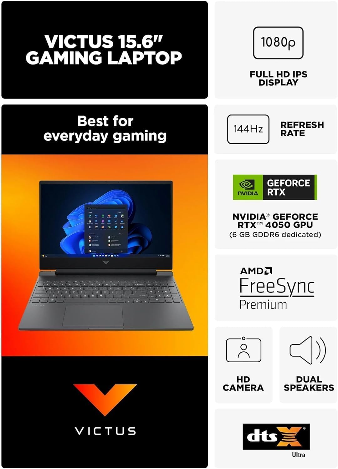 HP Victus 15.6' FHD 144Hz Gaming Laptop, Ryzen 5-8645HS (6 Cores, Up to 5.0GHz), 64GB DDR5 RAM, 1TB SSD, NVIDIA GeForce RTX 4050 6GB, Wi-Fi 6, BT 5.3, USB-C, HDMI 2.1, Backlit KB, SD Reader, Win 11
