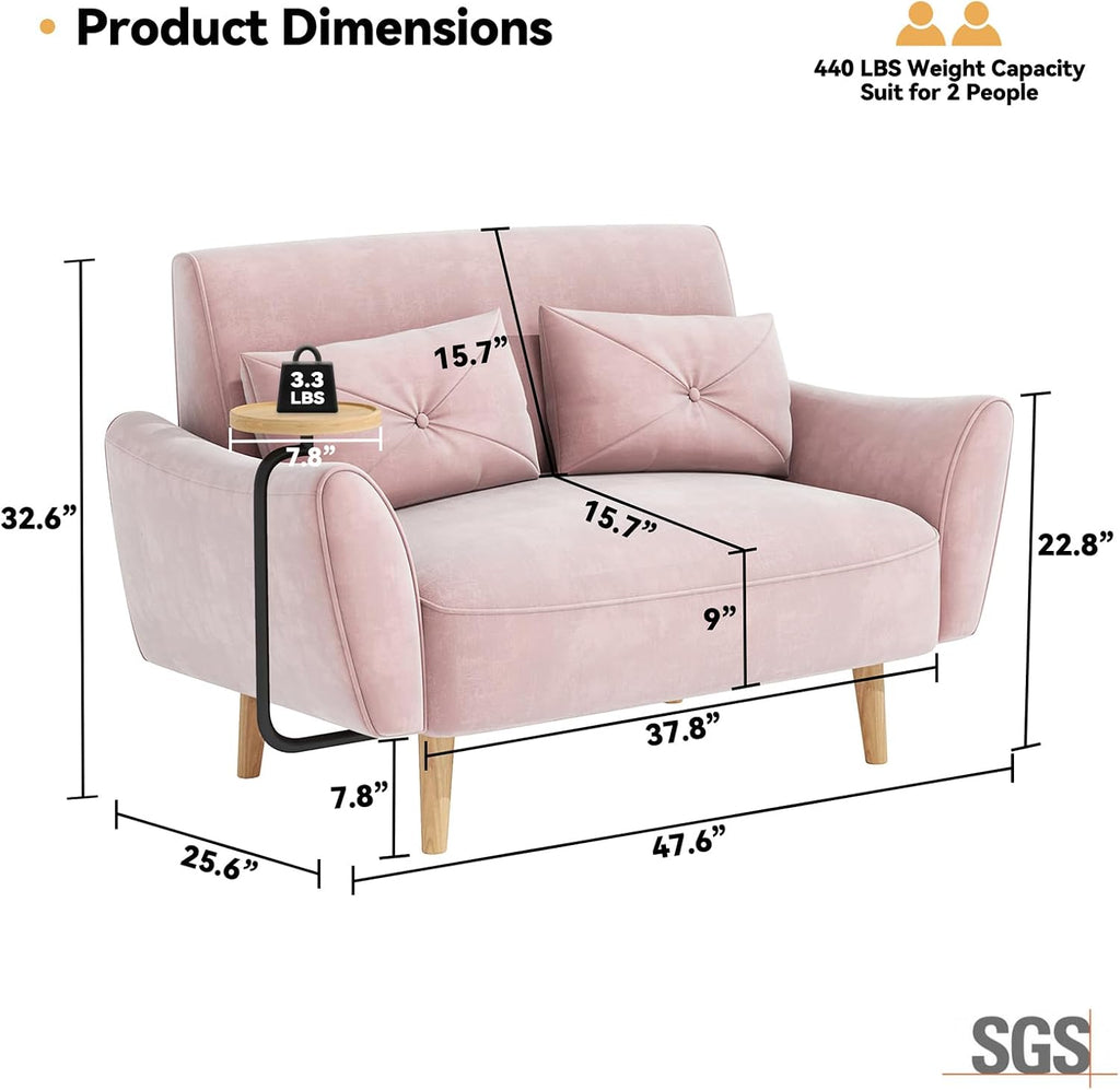Brelice Loveseat Sofa, 47' Velvet Couch for Bedroom, Convertible Wooden Tray & Ergonomic Armrest, for Small Space, Apartment, Living Room, Home Office, Easy Assembly, Pink
