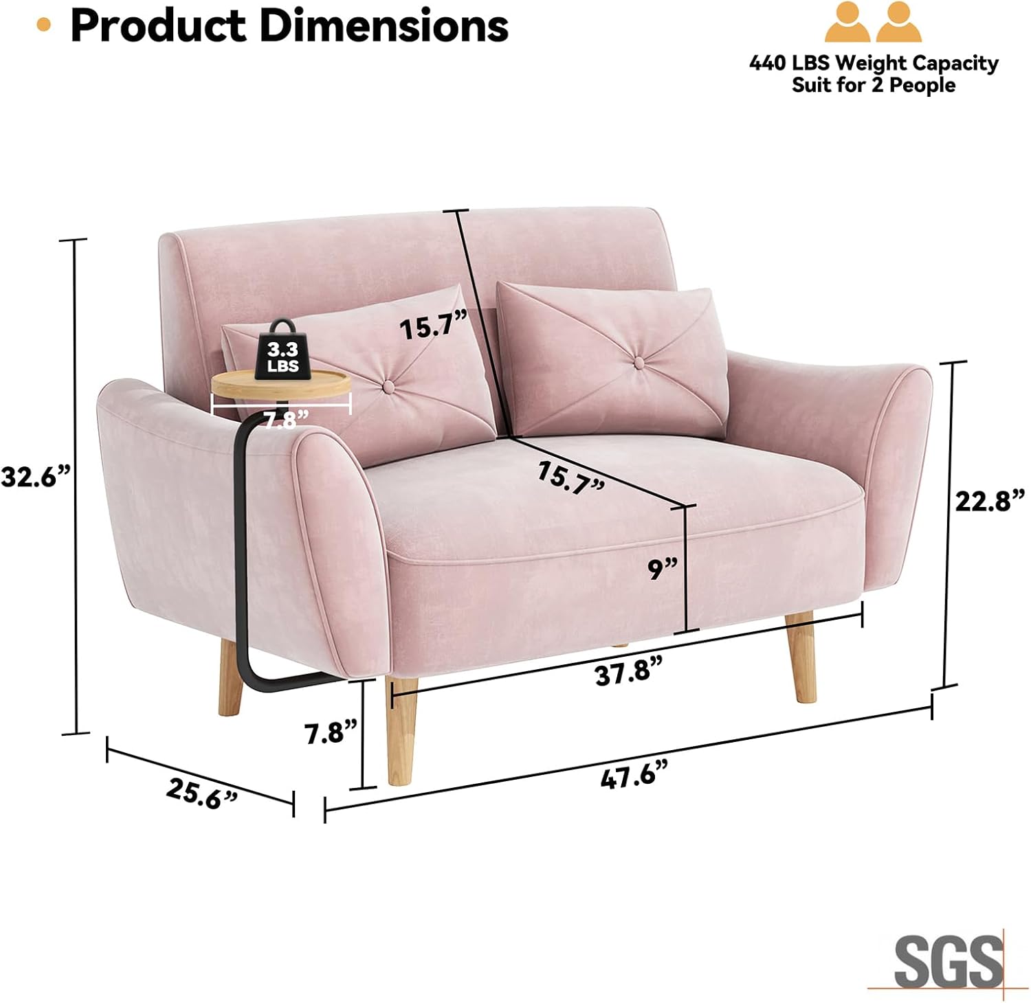 Brelice Loveseat Sofa, 47' Velvet Couch for Bedroom, Convertible Wooden Tray & Ergonomic Armrest, for Small Space, Apartment, Living Room, Home Office, Easy Assembly, Pink