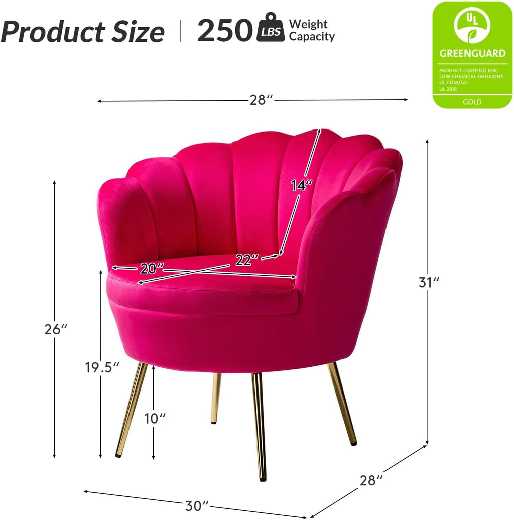 HULALA HOME Modern Velvet Accent Chair with Shell Shaped Back, Cute Living Room Bedroom Armchair with Gold Legs, Comfy Upholstered Vanity Chair for Makeup Room, Fushia