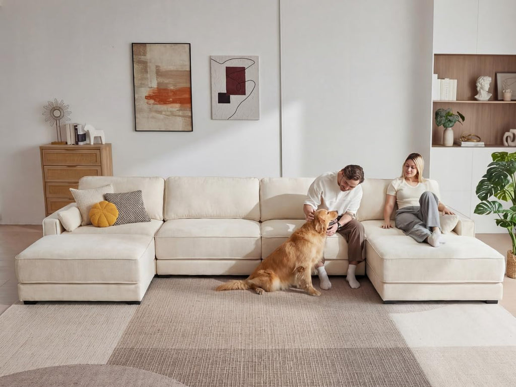 Vipbear 160' Oversized Modular Sectional Sofa, U Shaped Couch Set with 2 Pillows, 6 Seat Comfy Cloud Couches with 2 Movable Ottomans for Living Room, Bedroom and Apartment, Chenille Beige