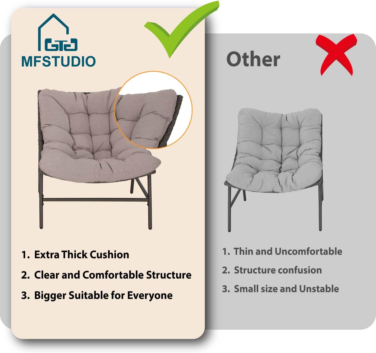 MFSTUDIO Outdoor Scoop Rattan Egg Lounge Chairs Patio Seating for 2, Comfy Outdoor Acapulco Rattan Papasan Patio Wicker Chair Set of 2 with Cushions, Outside Wicker Egg Chairs, 330lbs