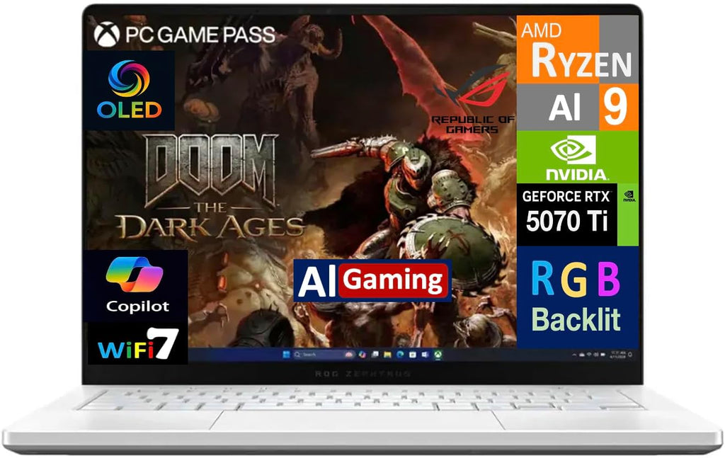 ASUS ROG Zephyrus AI Gaming Laptop 14.0' 120Hz OLED 2.8K Display (AMD Ryzen AI 9 HX 370, GeForce RTX 5070 Ti 12GB, 32GB LPDDR5X, Win 11 Pro) with MS 365 Personal, DKZ USB Port Expander