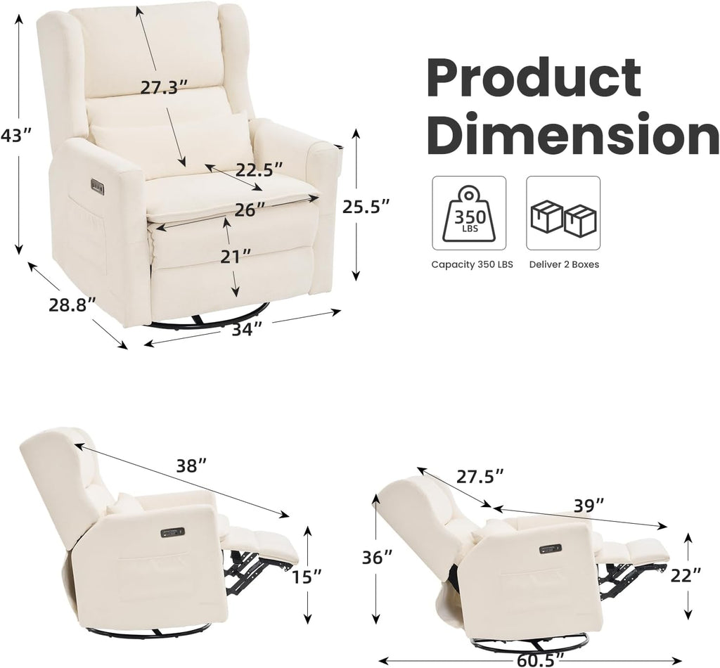Power Recliner Chair Swivel Glider with Adjustable Headrest，Oversized Swivel Rocker Recliner with Lumbar Support, Upholstered Nursery Glider Recliner for Living Room,White