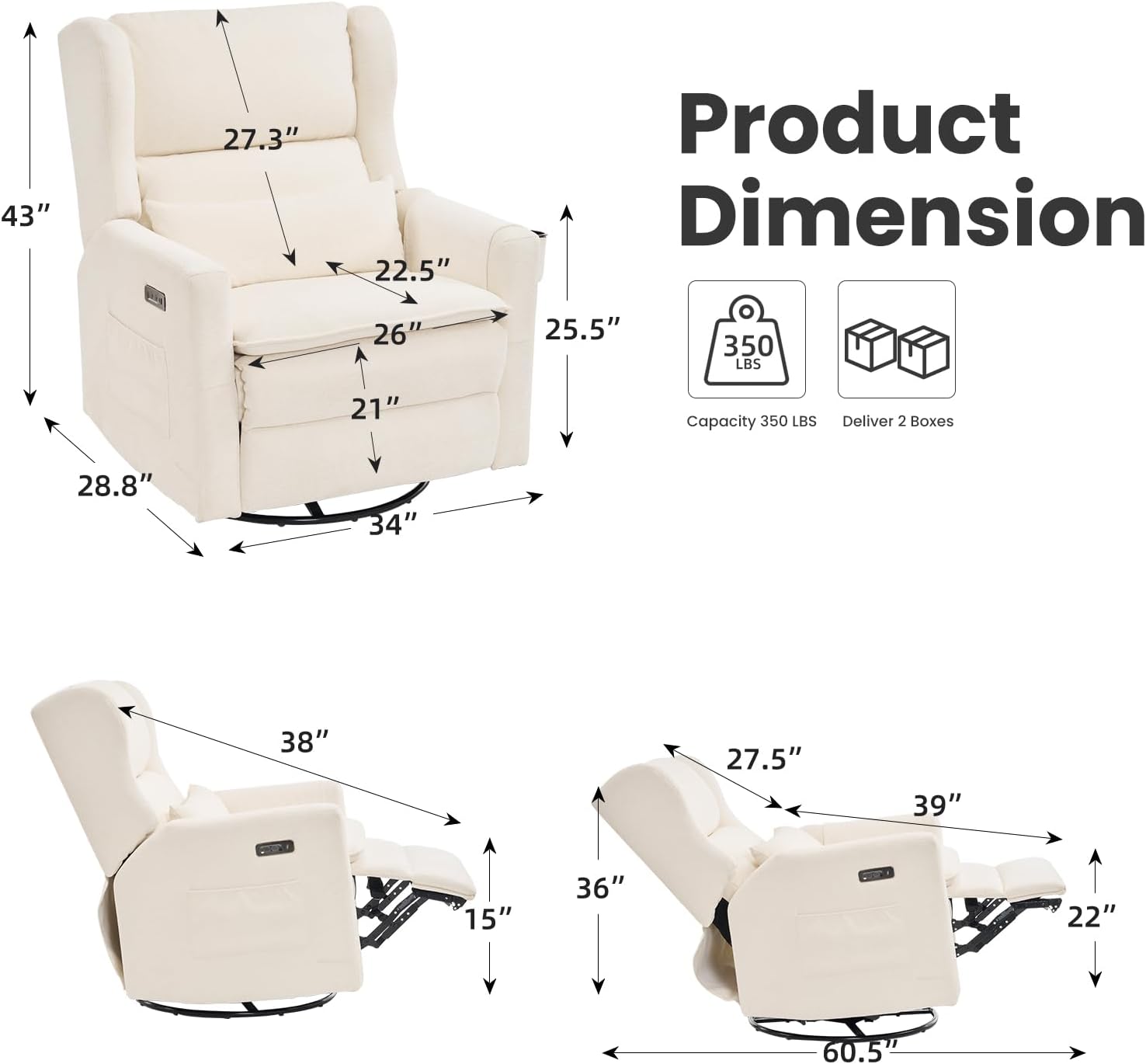 Power Recliner Chair Swivel Glider with Adjustable Headrest，Oversized Swivel Rocker Recliner with Lumbar Support, Upholstered Nursery Glider Recliner for Living Room,White