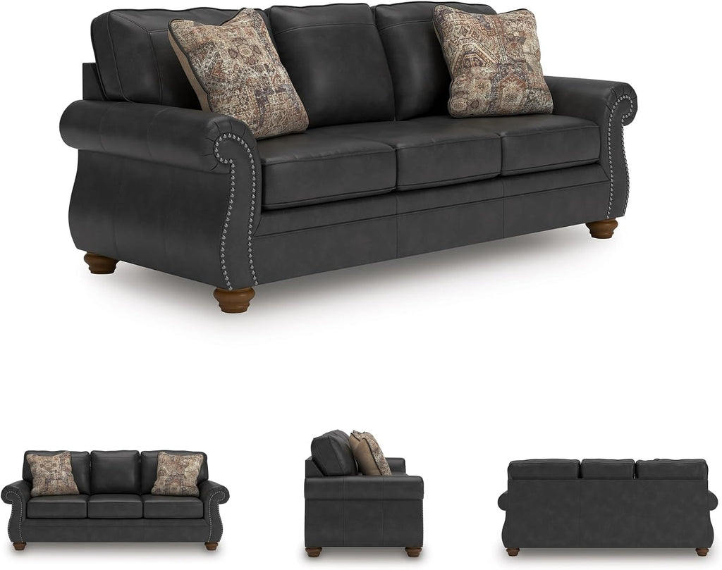 Signature Design by Ashley Shadsburne Rustic Faux Leather Sofa with Nailhead Trim and 2 Chenille Throw Pillows, Pillows with Soft Polyfill, Reinforced Frame for Added Stability, Black