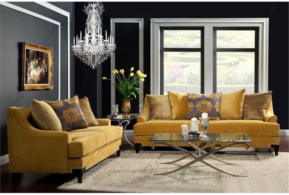 BOWERY HILL Traditional Velvet Upholstered Sofa, Gold Finish, Premium Velvet Fabric, Solid Wood Frame, 91' W x 40' D x 38' H, Includes Accent Pillows, Nailhead Trim, Comfortable Living Room Seating