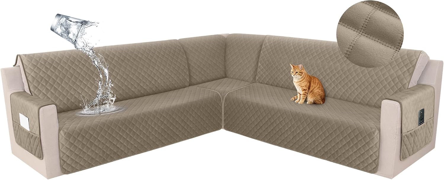 HDCAXKJ Waterproof Corner Sectional Couch Cover Velvet L Shape Sofa Covers for Pets Dogs Soft Heavy Duty U Shaped Sofa Slipcovers Sets for Sectional Non Slip Furniture Protector (Camel, XX-Large)