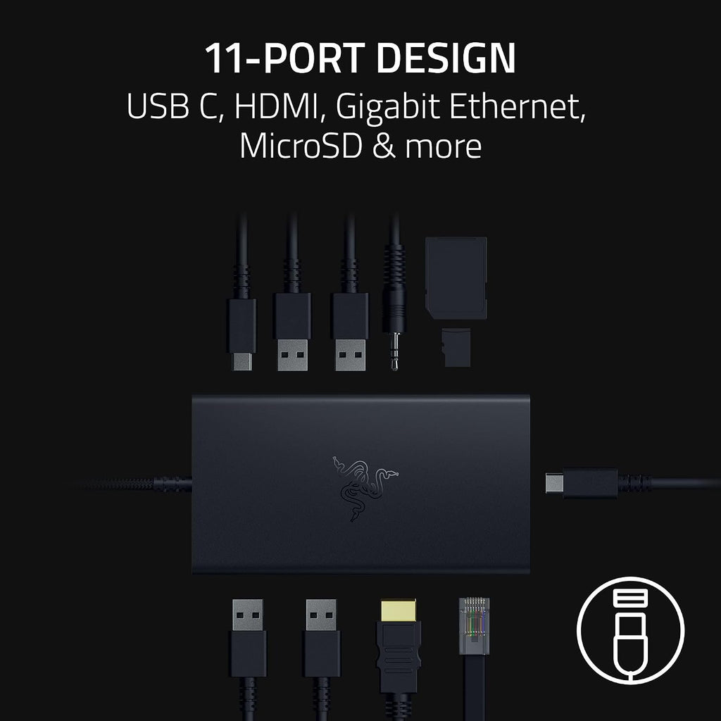 Razer USB C Dock: 11-in-1 Portable USB-C Travel Hub, 4K 60Hz HDMI, Ethernet, Card Reader, USB-C & USB-A, 3.5mm Audio,85W PD Charging for Laptop & Tablet, Durable All-Metal Build, PC & Mac - Black