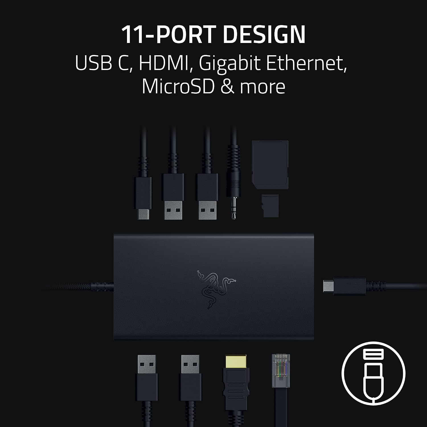 Razer USB C Dock: 11-in-1 Portable USB-C Travel Hub, 4K 60Hz HDMI, Ethernet, Card Reader, USB-C & USB-A, 3.5mm Audio,85W PD Charging for Laptop & Tablet, Durable All-Metal Build, PC & Mac - Black