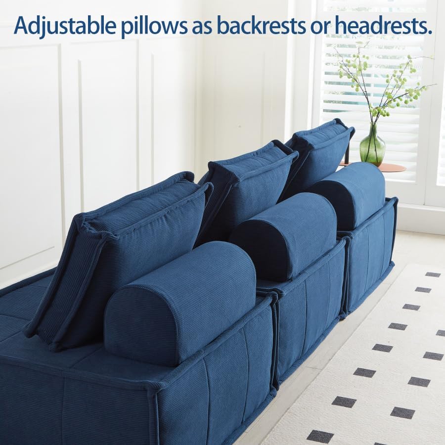 PurrJoys Modular Sectional Sofa, 3-Piece 105' Deep Seat Corduroy Lounge Sofa with Movable Cushions, Modular Couch for Small Spaces, Living Room, Bedroom, Apartment, Office - Blue