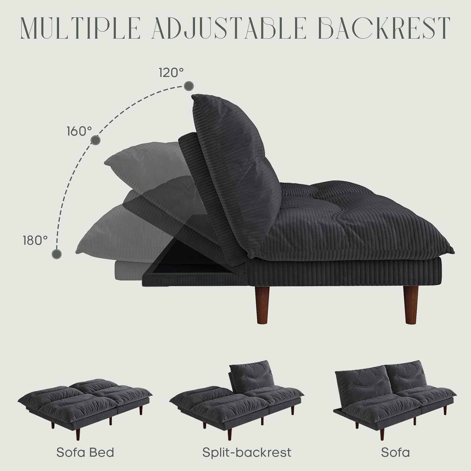 DreamDashio Futon Sofa Bed, 69 inch Futon Couch with Adjustable Backrest, Corduroy Convertible Sleeper Sofa Bed, Folding Sleeper Recliner for Apartment, Living Room, Office, Grey