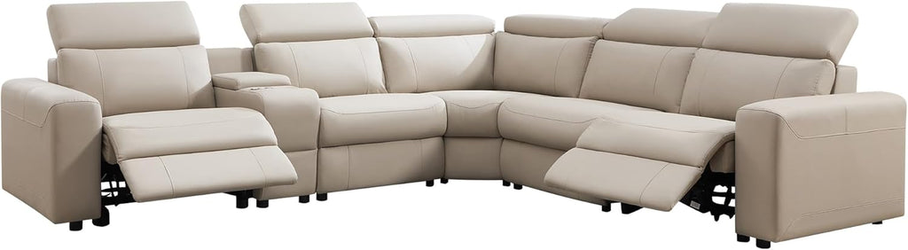 AMERLIFE Power Recliner Sectional Sofa with Storage/USB Port, Leather Recliner Sofa with Adjustable Headrest, Reclining Sectional Couches with Console and Cup Holder for Living Room (Beige Brown)