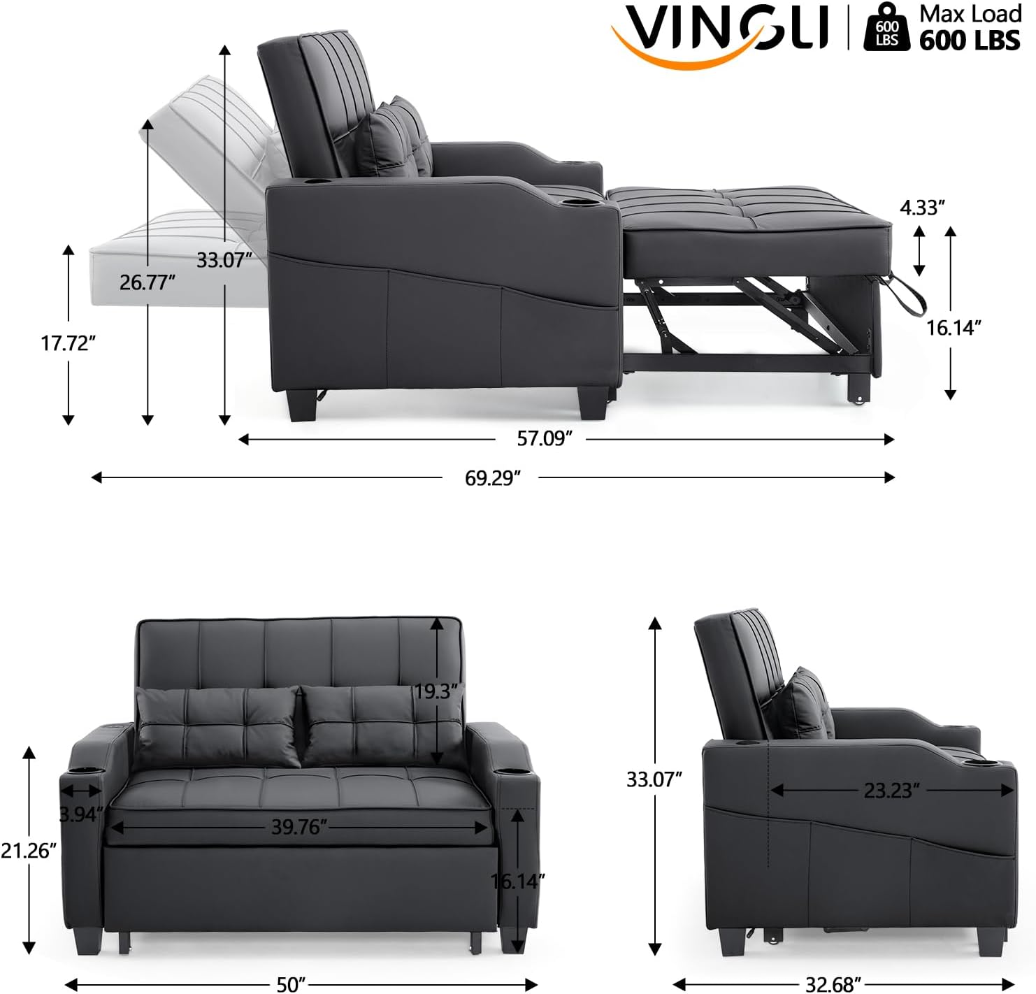 VINGLI Black Futon Sofa Bed Convertible Loveseat Sleeper Couch, Faux Leather Pullout Sofa Fold Out Couch Bed with USB Ports, Cup Holders, Armrest for Living Room, Bedroom Apartment Room