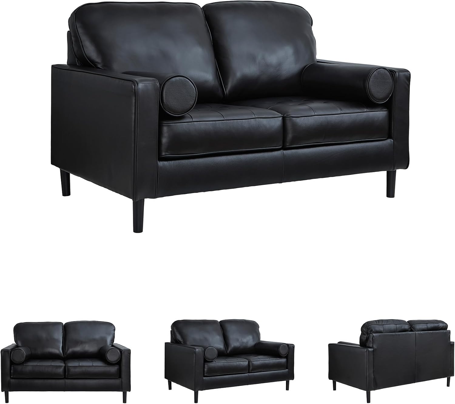 Signature Design by Ashley Bryceview Mid-Century Leather Match Tufted Loveseat with 2 Bolster Pillows, Black