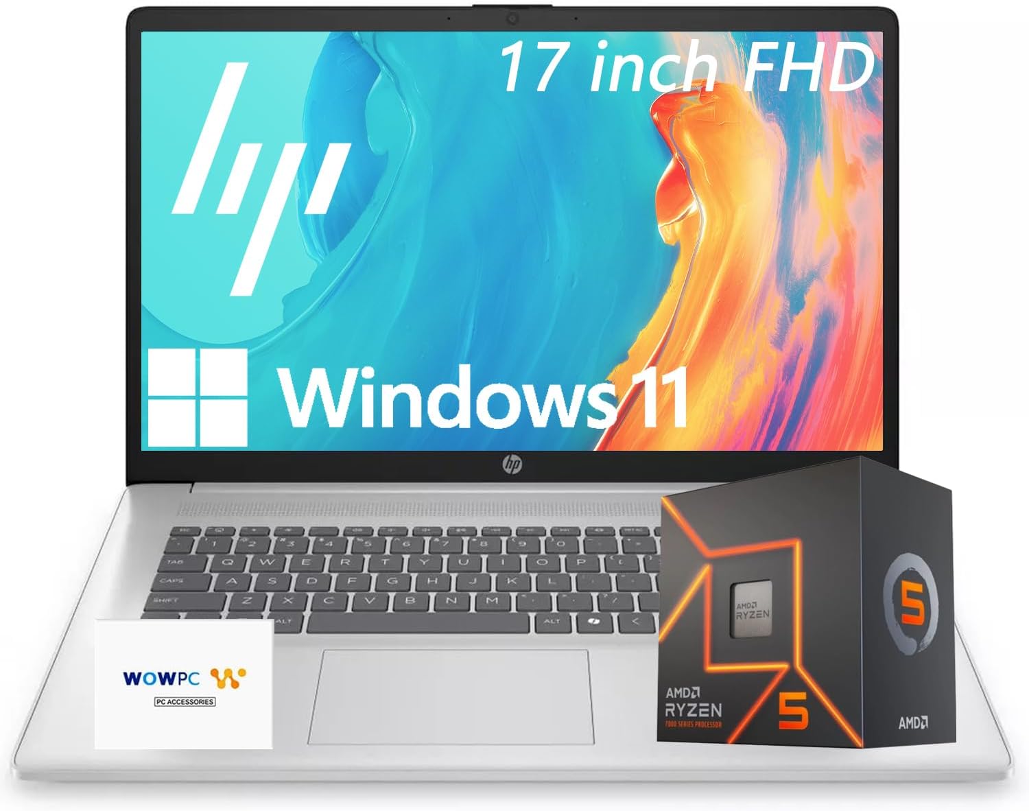HP 17.3 Inch FHD Business Laptop with Office 365 for The Web, AMD 7000 Series Ryzen Processor (Beats Intel i7-1355U), Copilot AI, 32GB RAM, 2TB SSD, HDMI, Wi-Fi 6, Windows 11, WOWPC USB, No Mouse