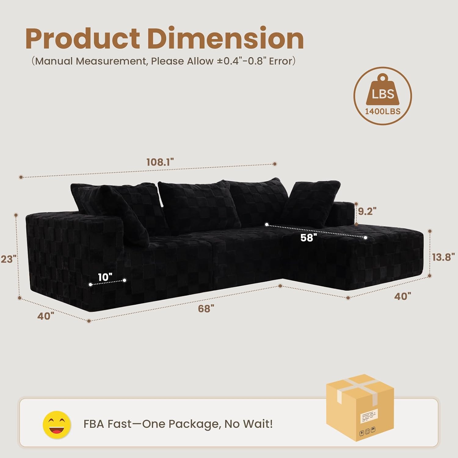 Modular Sectional Sofa, 108' L-Shaped Boneless Couch with Deep Seat, Corduroy Cloud Couch for Living Room, Bedroom, No Assembly Required, Ship in a Box, Checkered Black