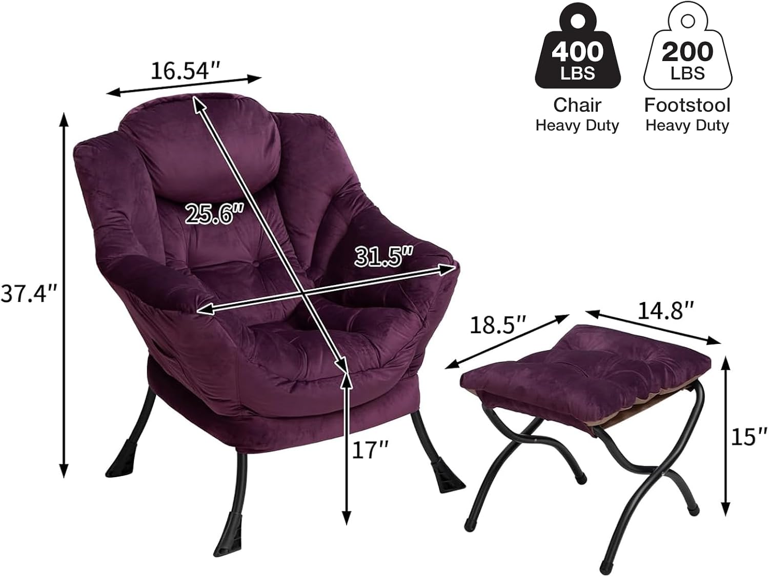 HollyHOME Lazy Chair with Foldable Ottoman, Accent Comfy Lounge Armchair and Folding Footrest Stool, Leisure Sofa Reading Chair and Footstool for Living Room, Bedroom, Dorm,Velvet Purple