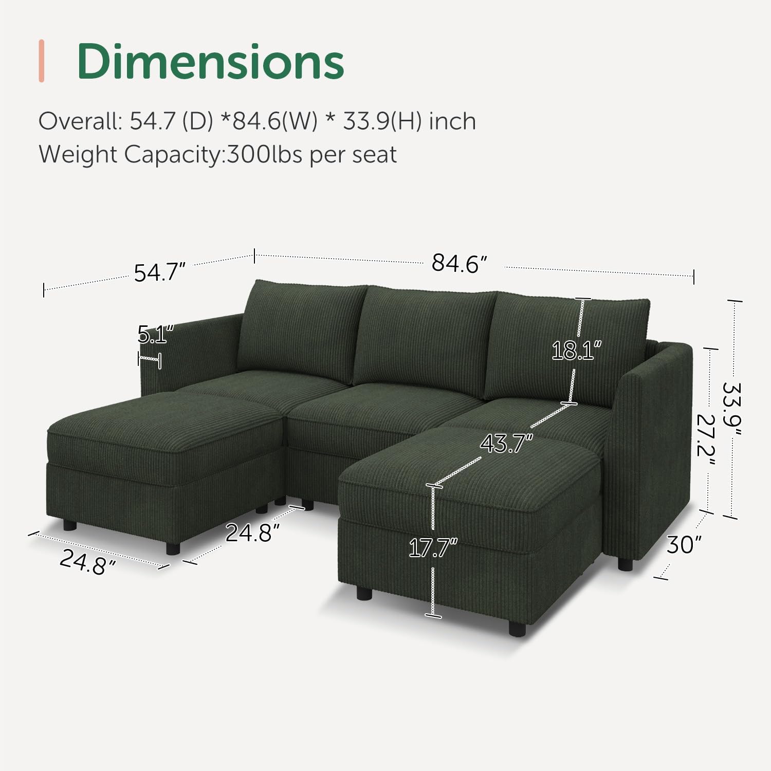 HONBAY Modular Sectional Sofa with Storage U Shaped Sectional Sofa, Convertible Couches for Living Room - Green