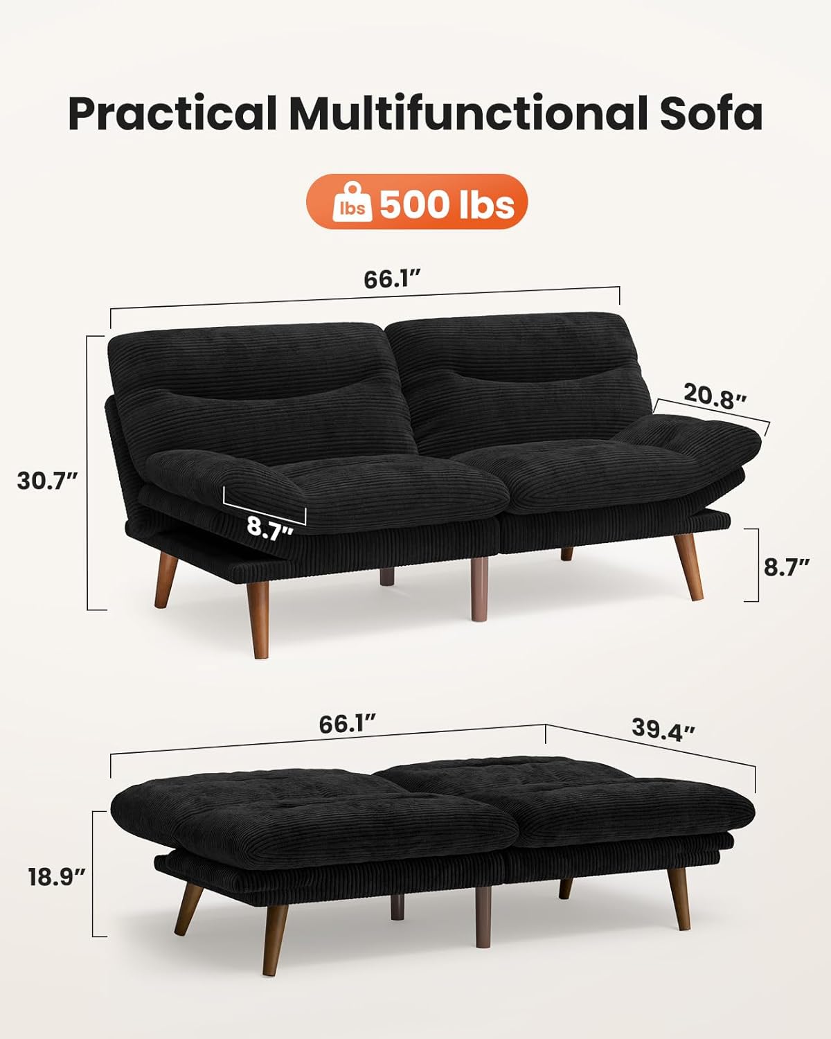 Amada 66' Convertible Futon Sofa Bed, Corduroy Folding Futon Set with Adjustable Backrest &Armrests, Recliner Lounge for Living Room, Apartment or Office, Solid Wood Frame, Loveseat Sofa - Black