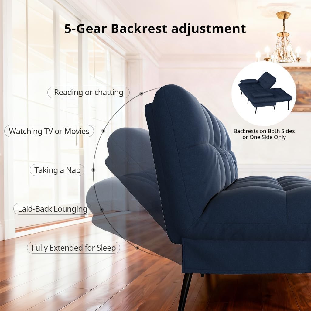 COMHOMA 72″ Futon Sofa Bed,Convertible Fabric Futons Couch with Adjustable Backrest, Folding Sleeper Recliner for Living Room Furniture (Blue)