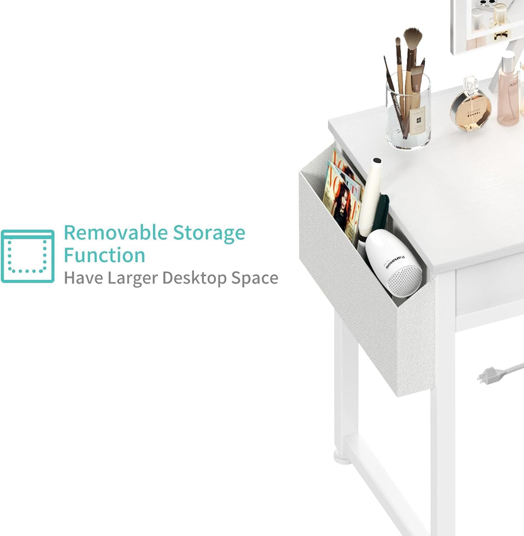 Lufeiya Small Makeup Vanity Desk with Fabric Drawers, 32 inch White Vanity Desks with Mirror and Light, Dressing Table and Chair Set with Power Outlet for Girls Bedroom, White