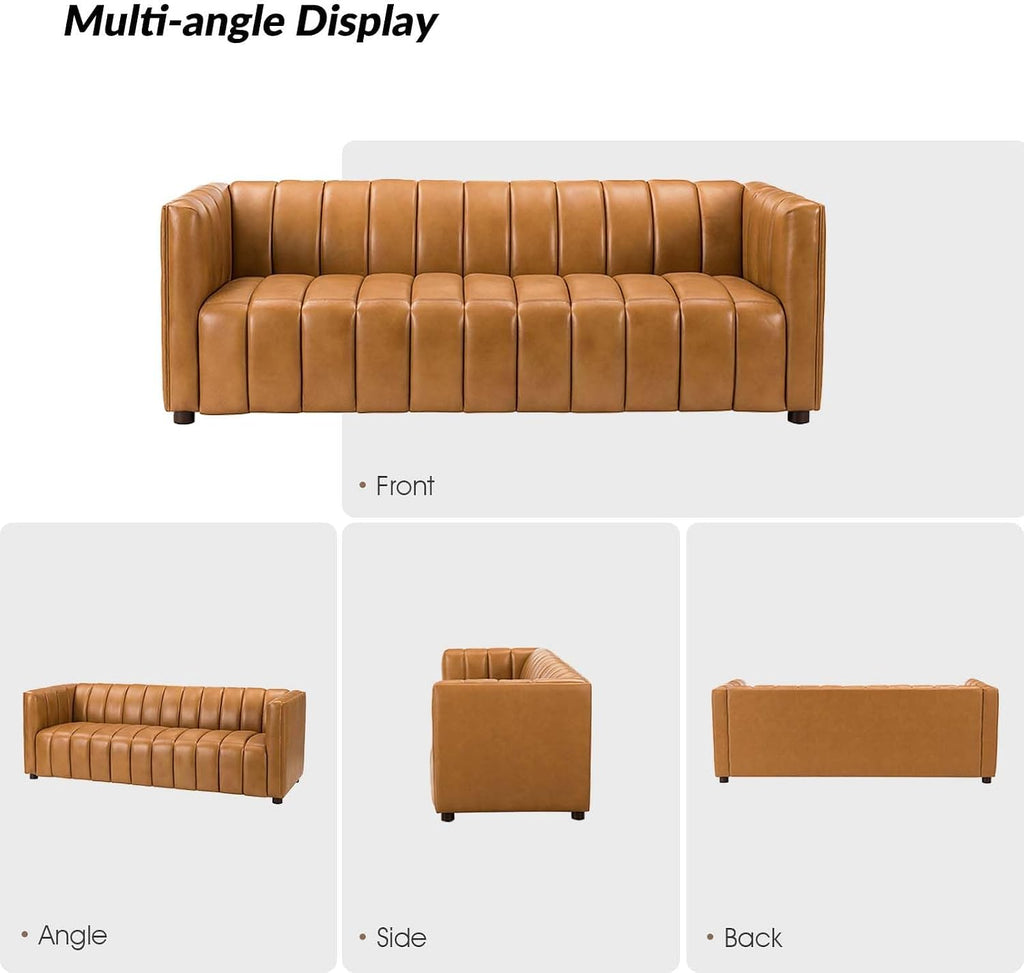 HULALA HOME 83' Genuine Leather Sofa with Channel Tufted Design, 3-Seater Sofa for Living Room Bedroom, Modern Oversized Couch with Wood Legs, Camel