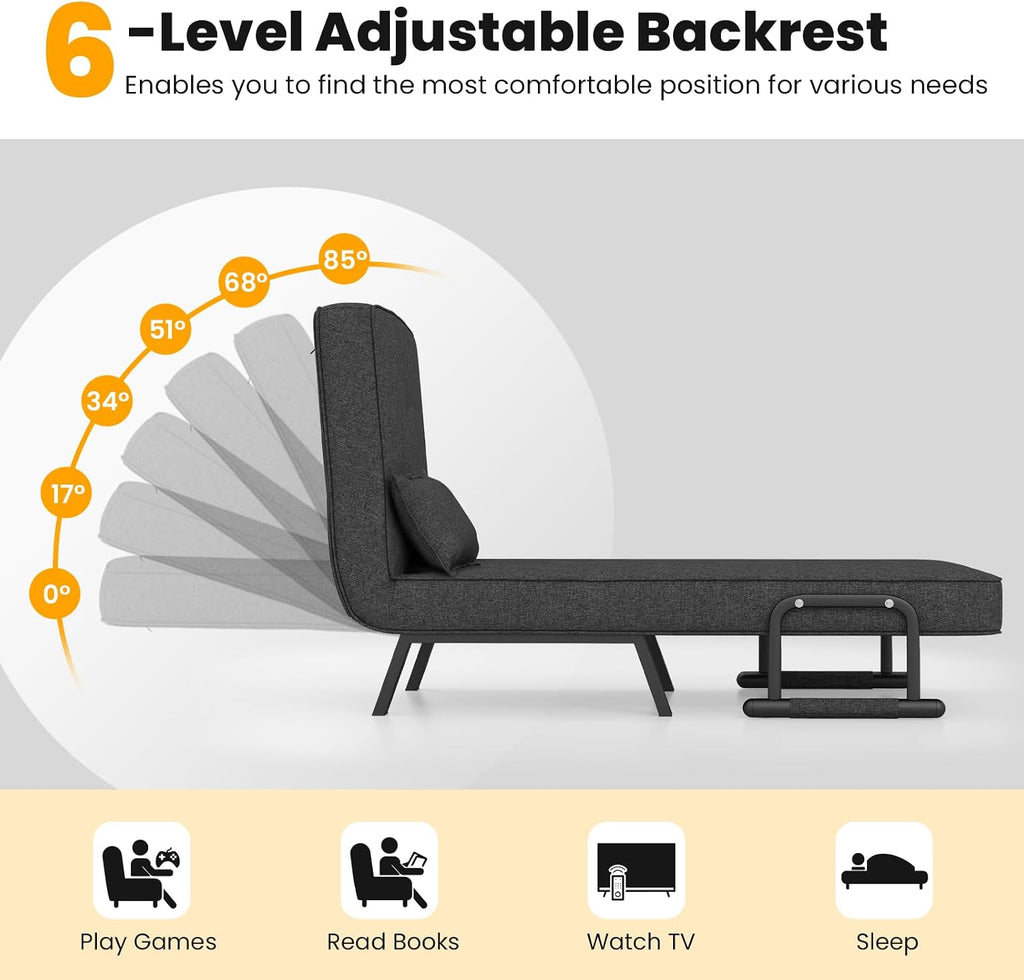 Giantex Convertible Sofa Bed, 4-in-1 Sleeper Chair with Pillow, Modern Recliner Guest Bed with 6 Positions Adjustable Backrest, Metal Legs, Linen Fabric Armchairs for Nursery Living Room Office