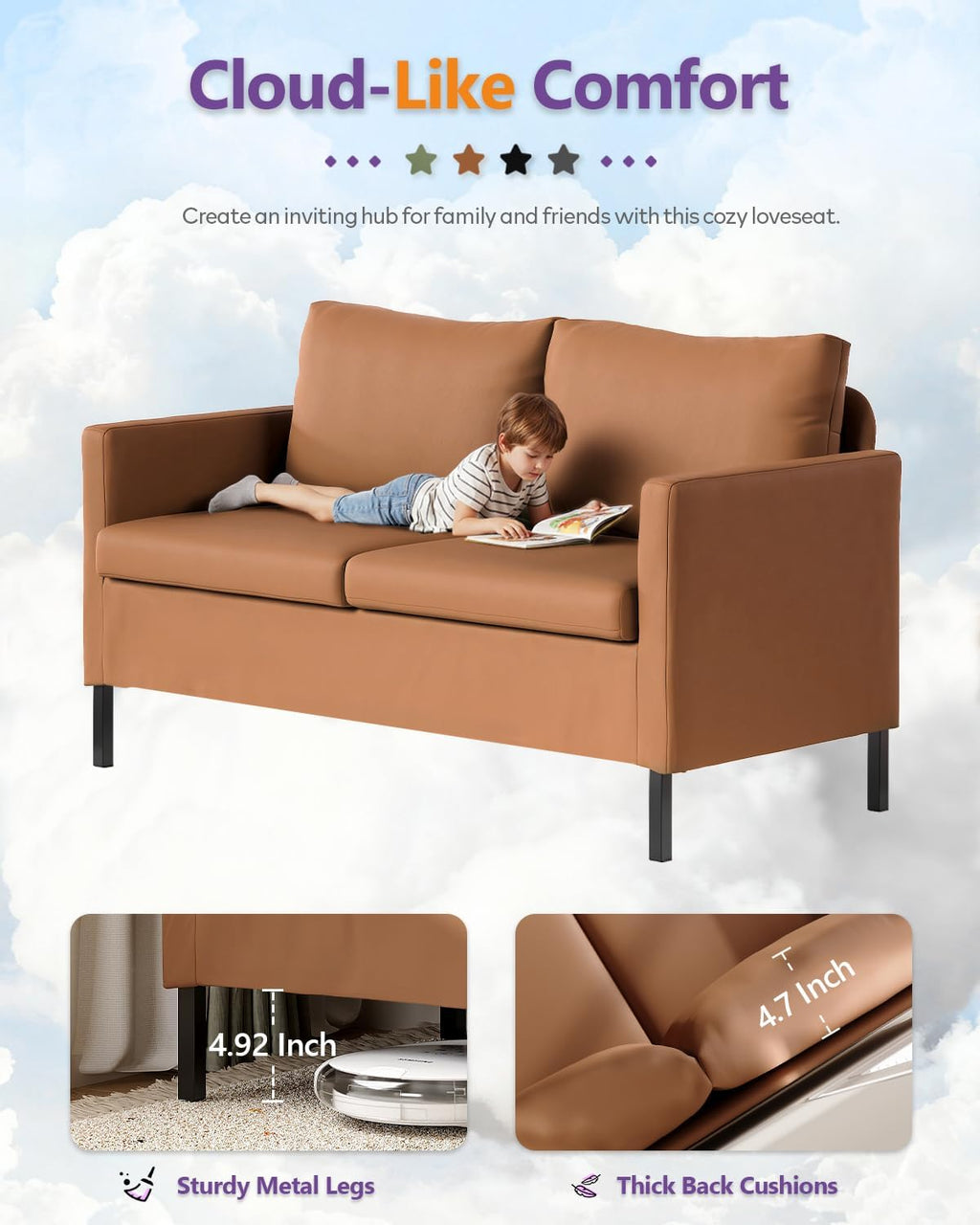 TYBOATLE Modern Faux Leather Small Couches for Small Spaces, Comfy Upholstered Brown Love Seat for Dorm, 2 Seater Mini Couch for Bedroom, Apartment, Office, Brown
