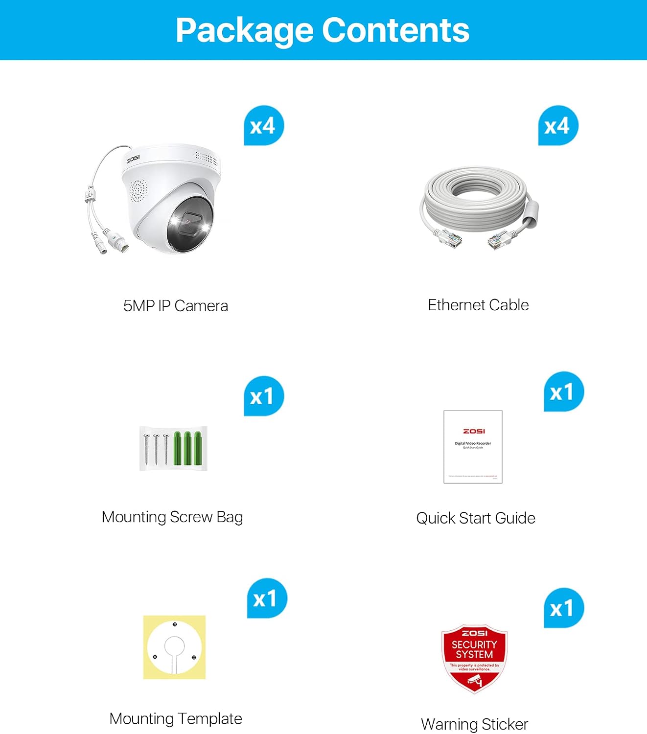 ZOSI 4Pack 5MP PoE Security Cameras with Ethernet Cables, Person Vehicle Detection, Color Night Vision, Sound Light Siren, 2 Way Audio, Weatherproof Outdoor Dome IP Cam Only Work with ZOSI POE NVR