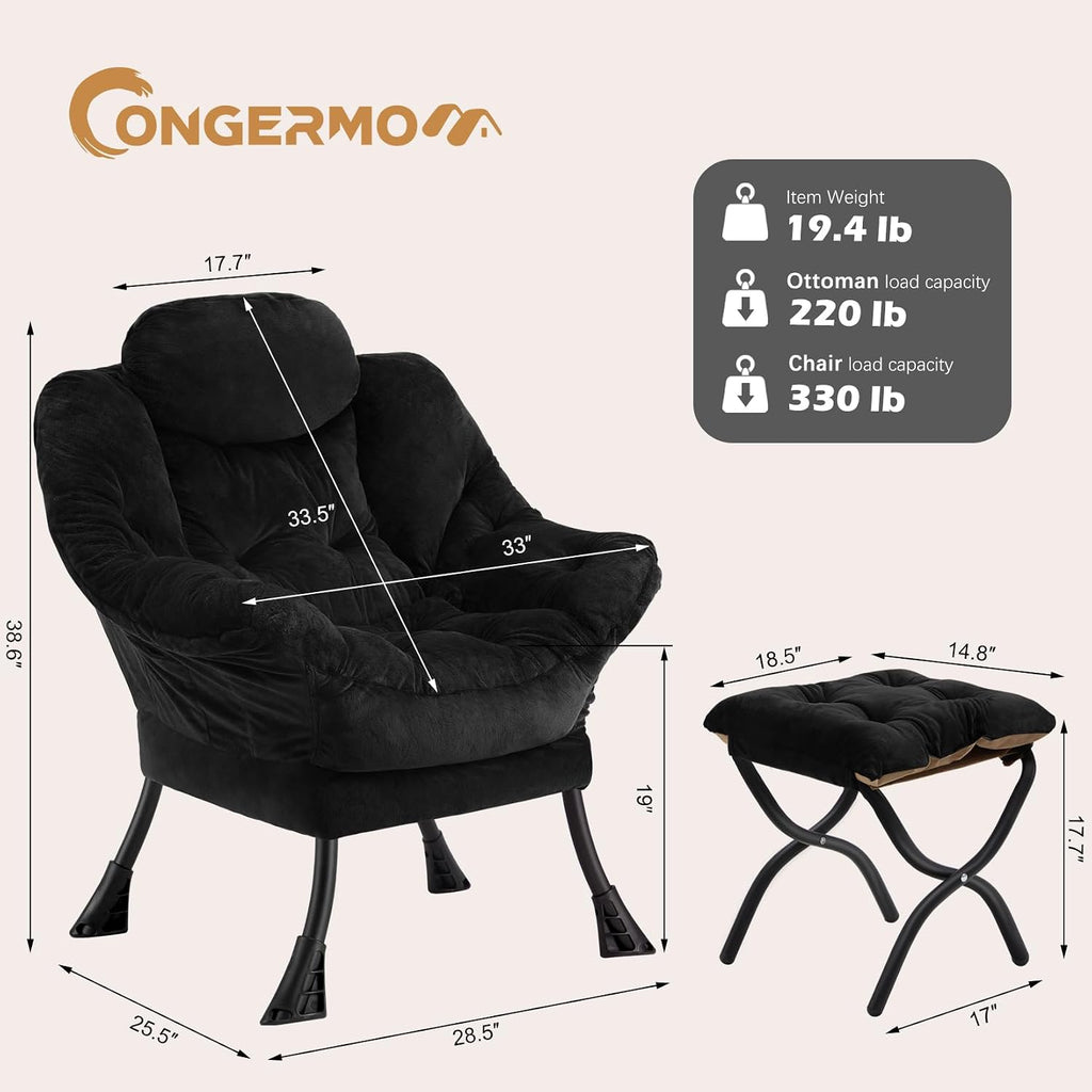 Lazy Chair with Folding Ottoman,Leisure Sofa Chair,Soft Fabric Armchair with Armrests and Side Pockets, Reading Chair with Footrest for Living Room, Bedroom, Office (Plush Black)