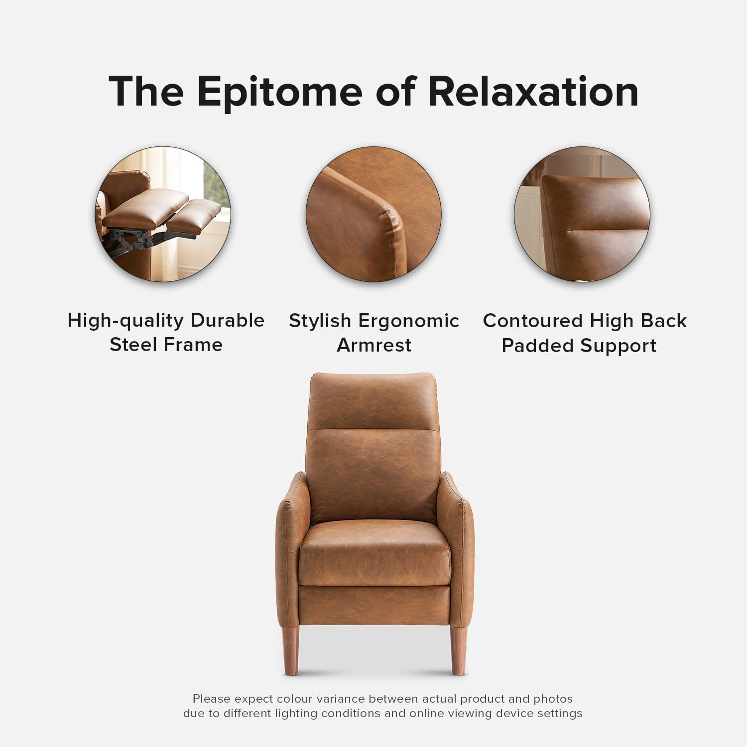 mopio Arthur Recliner Chair with 3 Positions, Accent Armchair, Mid Century Modern Reading Chair, High Back Padded Support Comfy Sleeper Armchair (Pecan Brown Faux Leather)