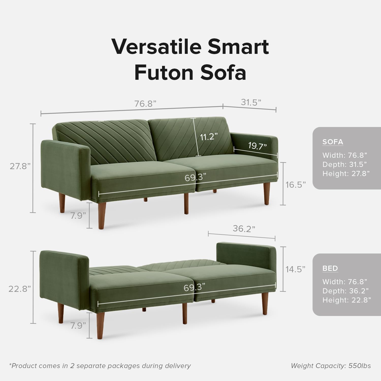 mopio 76.4' Futon Sofa Bed, Couch, Loveseat, Sleeper Sofa, Mid Century Modern Futon Couch, Sofa Cama, Couches for Living Room (Olive Green Premium Velvet)