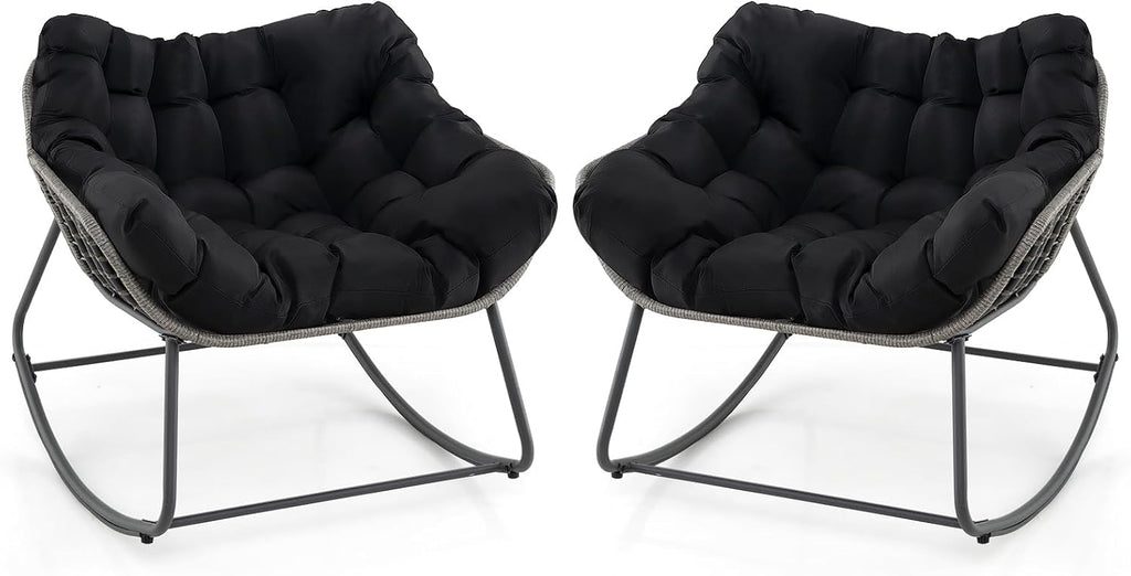 Giantex Set of 2 Outdoor Rocking Chair with Padded Cushion, Oversized Papasan Chair, PE Rattan, Egg Rocker for Reading, Front Porch, Garden, Patio, Backyard (Black)