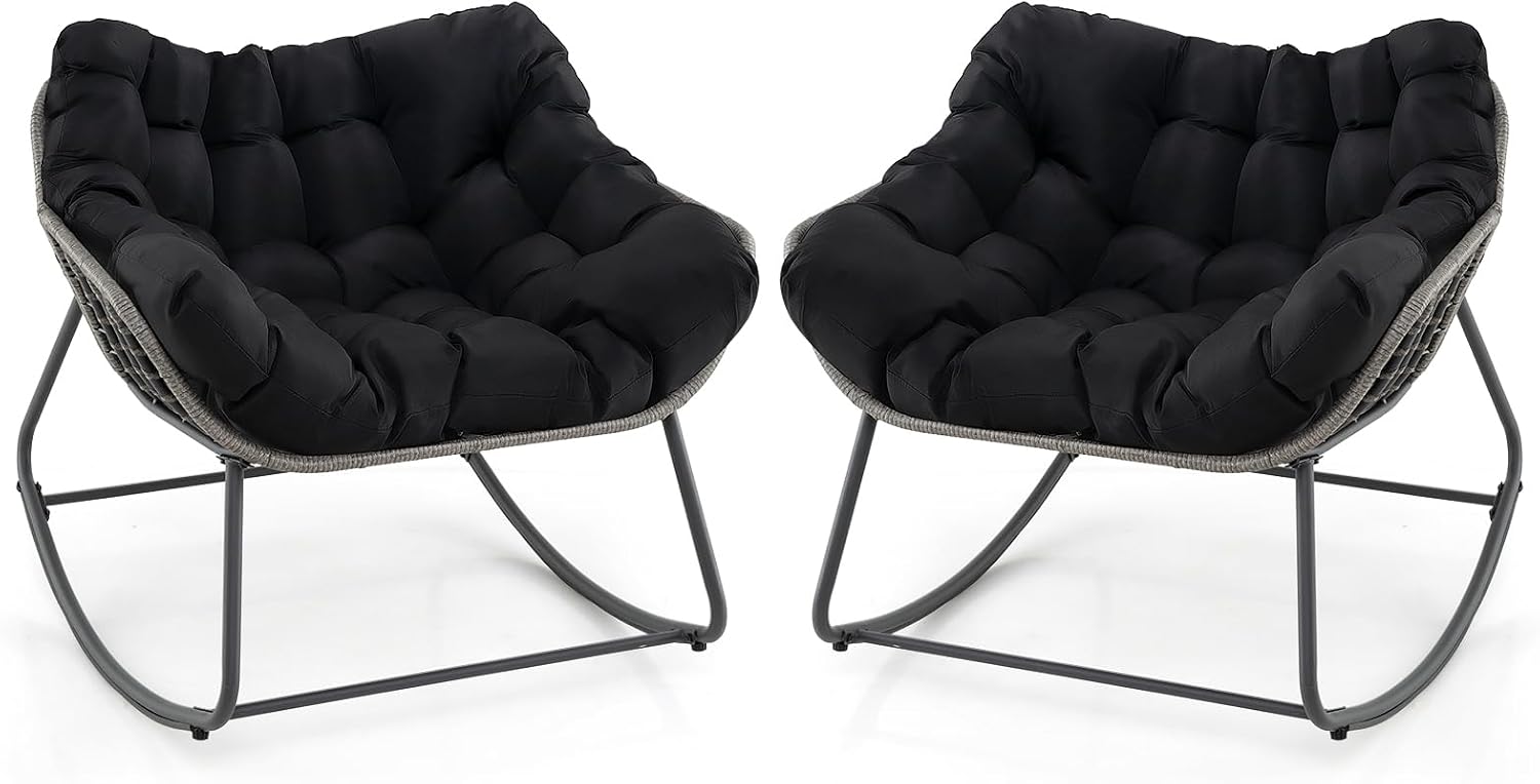 Giantex Set of 2 Outdoor Rocking Chair with Padded Cushion, Oversized Papasan Chair, PE Rattan, Egg Rocker for Reading, Front Porch, Garden, Patio, Backyard (Black)